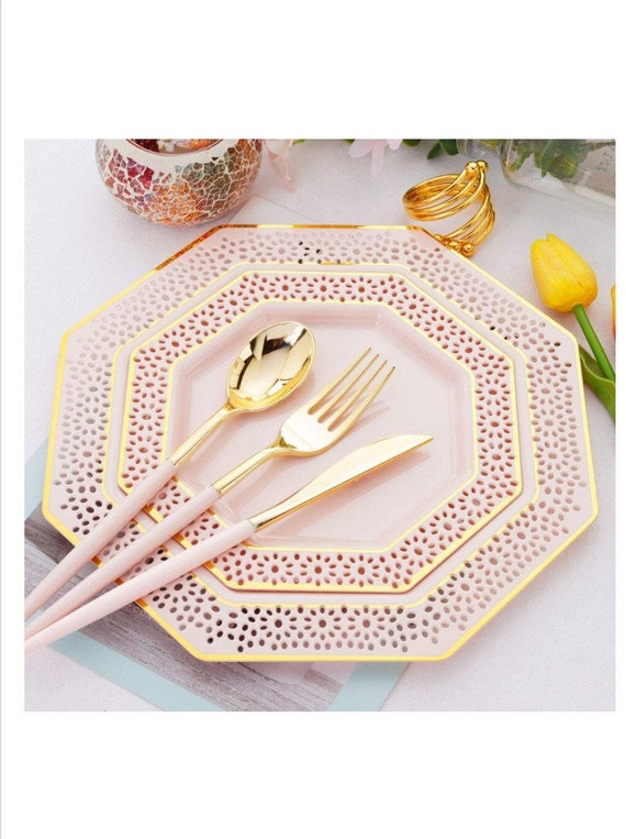 Service de vaisselle 150 pièces en or rose, assiette en plastique