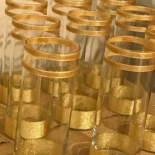 6 or 12 Centerpieces wedding decor vases Decorated with gold shimmering ribbons, choose your color, wedding Centerpieces, 50th anniversary