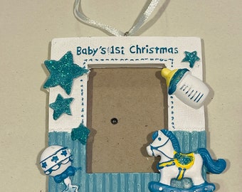 Christmas Tree Ornament, Blue picture frame ornament Says “Baby’s 1st Christmas” add cherished memories to Christmas tree, Great Gift!