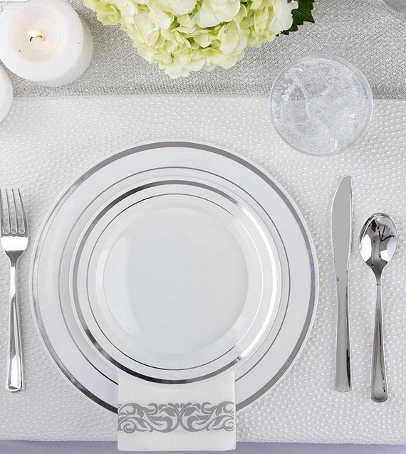 White plastic plates with silver clearance trim