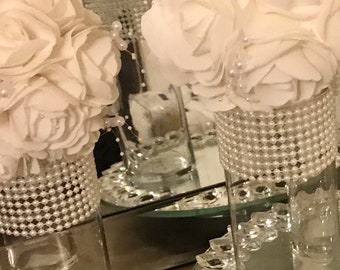 Centerpieces 6 tall cylinder vases, Each vase is beautifully decorated with beautiful white pearls, wedding decor, centerpieces