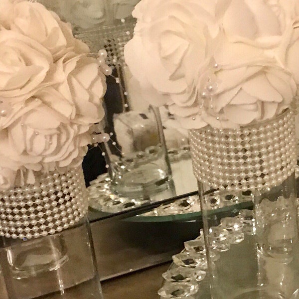 Centerpieces 6 tall cylinder vases, Each vase is beautifully decorated with beautiful white pearls, wedding decor, centerpieces