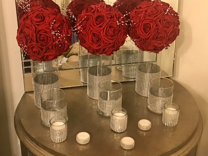Beautiful 12 piece wedding centerpiece set with blingy faux rhinestone wrap will add elegance to wedding decor, FLOWERS SOLD SEPARATELY image 3