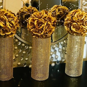 Centerpieces, fully wrapped in sparkling Rhinestone Wrap, FLOWERS SOLD SEPARATELY shower wedding decor choose bling color and vase height image 4