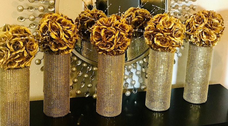 Centerpieces, fully wrapped in sparkling Rhinestone Wrap, FLOWERS SOLD SEPARATELY shower wedding decor choose bling color and vase height image 4
