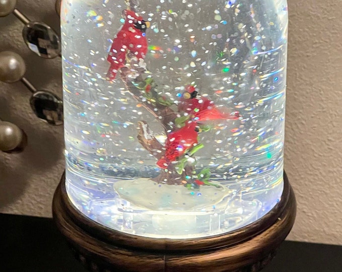 Christmas Domed Snow Globe, Light up Water Globe, Red Cardinals Sit Perched on Snowdusted