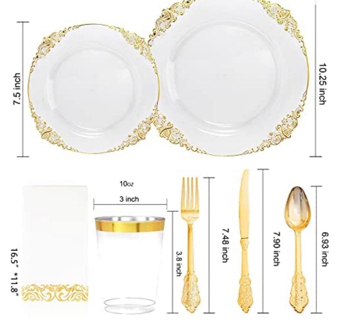 175x Assiette en plastique de vaisselle jetable pour la restauration  Wedding Gold Rim