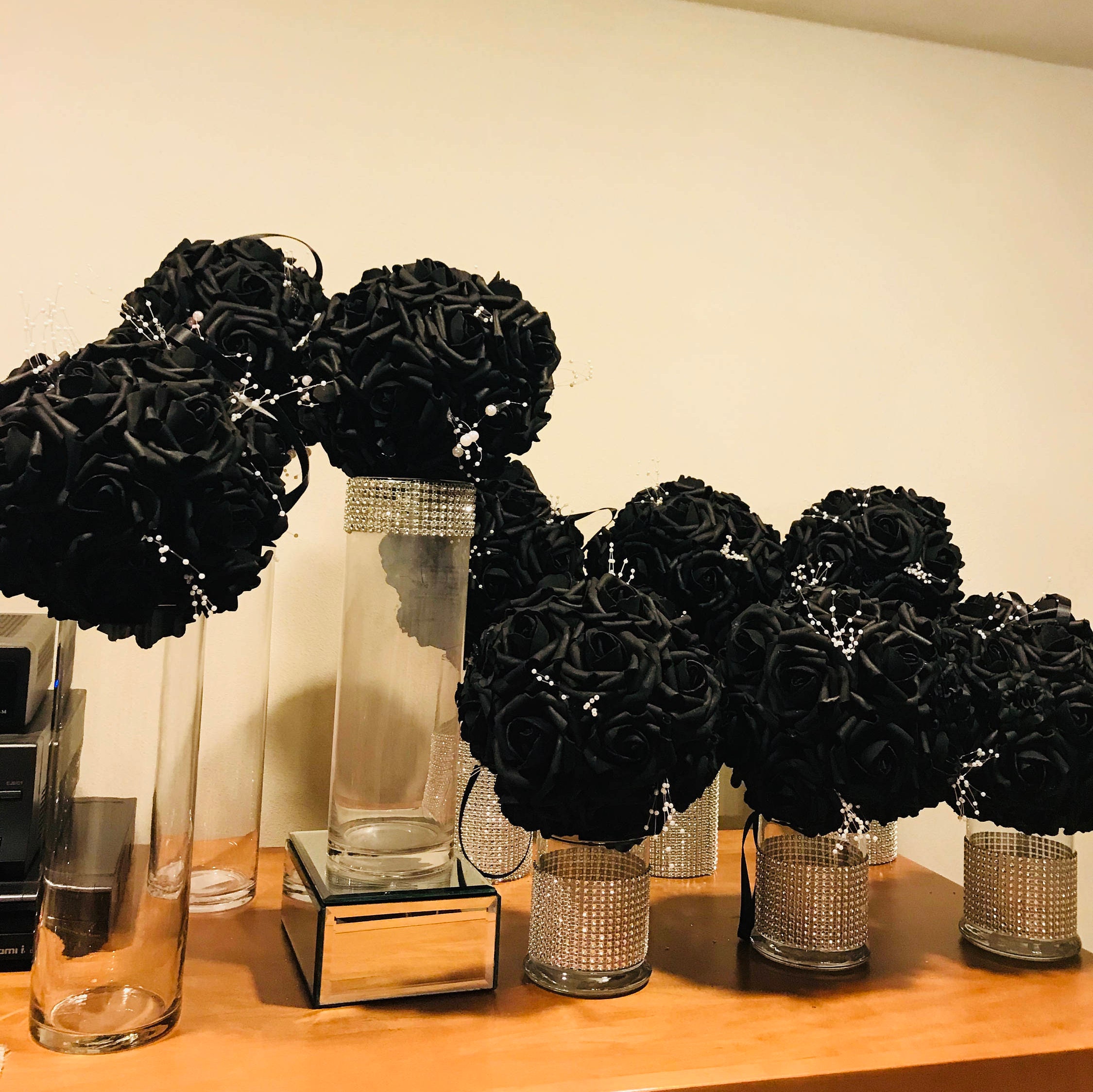 Centerpieces 6 Cylinder Vases Beautifully Decorated With a Black