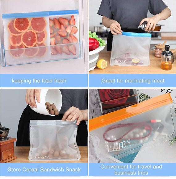Reusable Sandwich Bags Clear Leakproof Reusable Storage Bags for Food 5  Pack Ziplock PEVA Food Grade