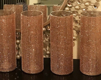 Centerpieces, vases fully wrapped in sparkling Rose Gold Rhinestone mesh Wrap, shower decor, wedding, choose bling color and vase height