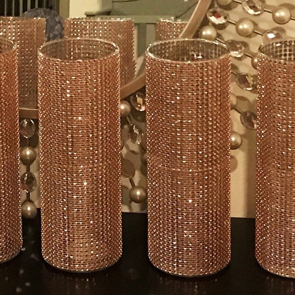 Centerpieces, vases fully wrapped in sparkling Rose Gold Rhinestone mesh Wrap, shower decor, wedding, choose bling color and vase height