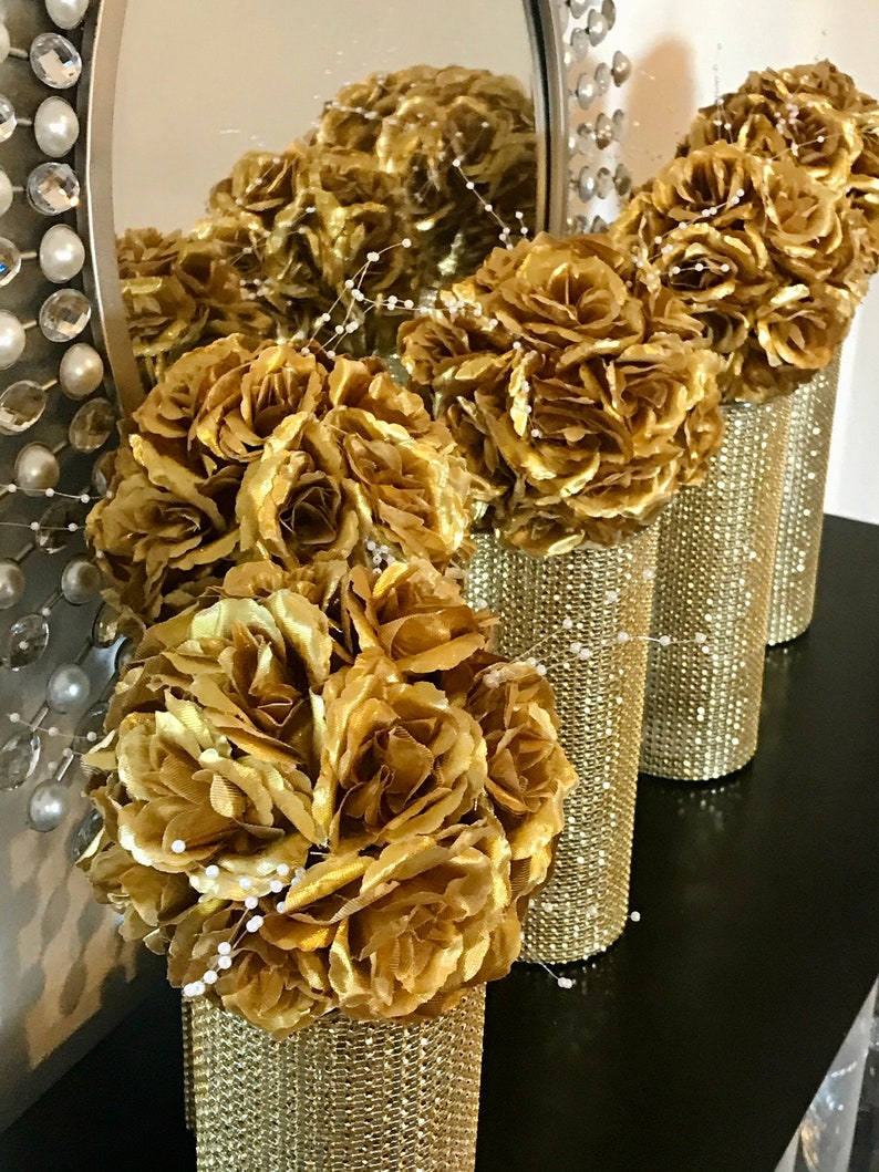 Centerpieces, fully wrapped in sparkling Rhinestone Wrap, FLOWERS SOLD SEPARATELY shower wedding decor choose bling color and vase height image 2