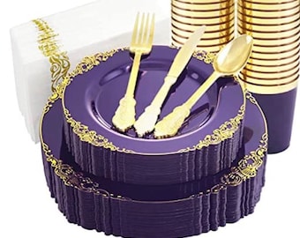 Disposable Plastic purple and gold 175 piece elegant pattern dinnerware and flatware set for weddings, showers, anniversary, dinner parties