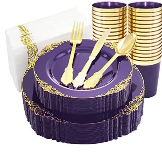 Jetable Plastique violet et or 175 pièces élégant motif vaisselle et  ensemble de couverts pour mariages, douches, anniversaires, dîners -   France