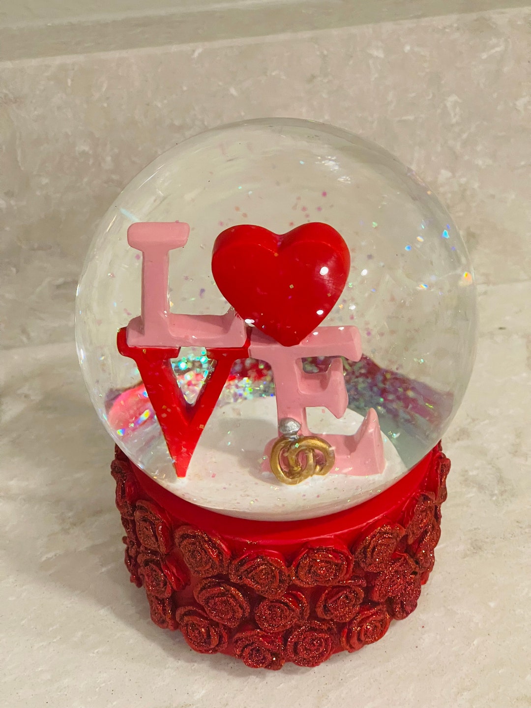 Musical Valentines Day Love Snow Globe, Says LOVE, on Glittered Base With Roses, Shake for a