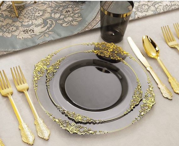 Black Plastic Plates with Gold Rim-Lace Design Party Plates
