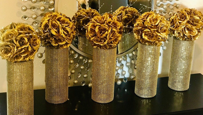 Centerpieces, fully wrapped in sparkling Rhinestone Wrap, FLOWERS SOLD SEPARATELY shower wedding decor choose bling color and vase height image 5