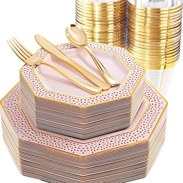 Disposable plastic dinnerware 150 piece set, blush pink gold trim octagon plates with flatware and cups, for weddings, showers, all events!