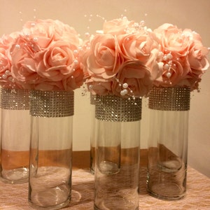 12 Centerpieces, cylinder vases with silver rhinestone mesh wrap, perfect Centerpieces for weddings, showers events. FLOWERS SOLD SEPARATELY