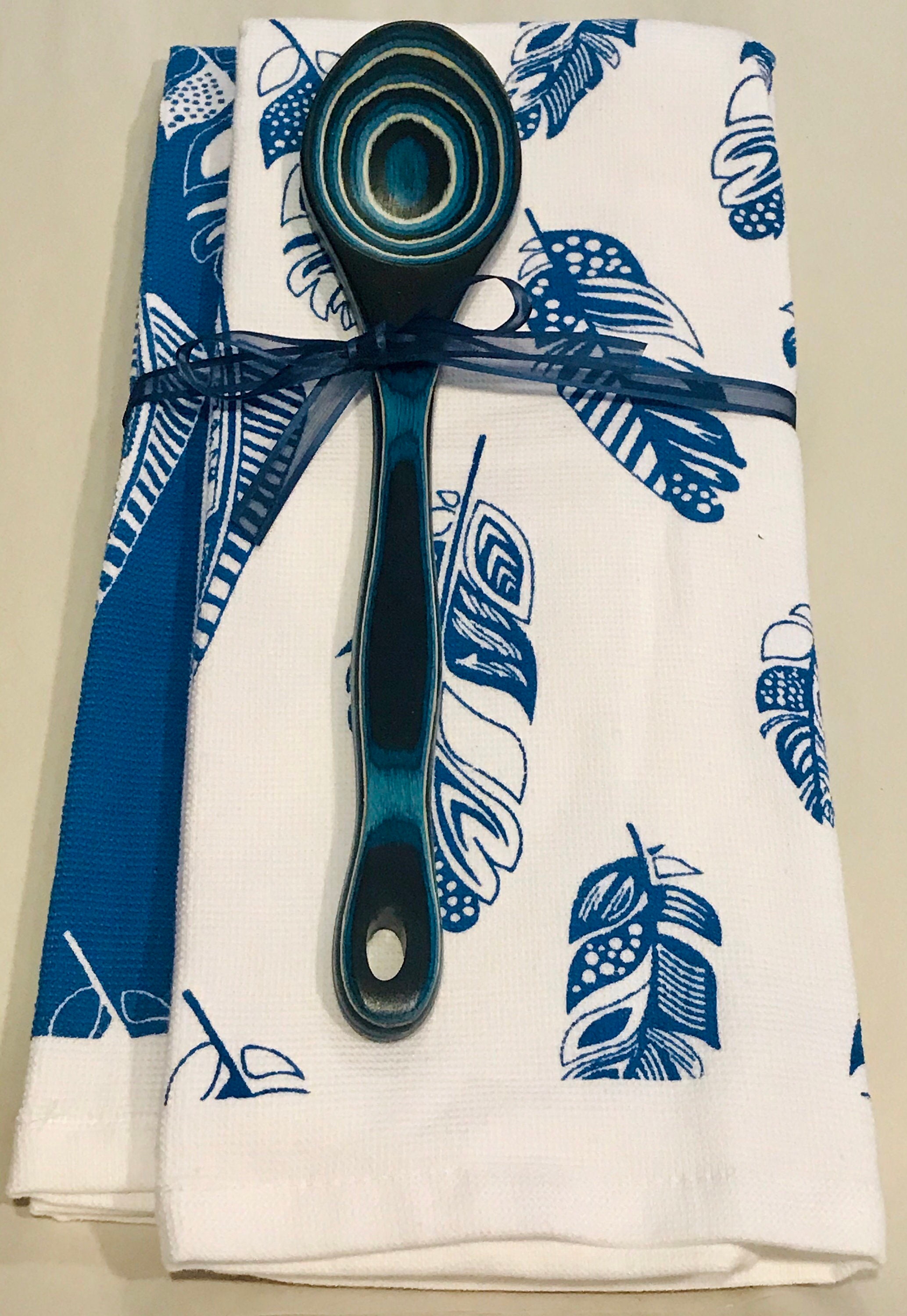 2 Kitchen Hand Towels and Wooden Spoon Set Bright Blue and Etsy