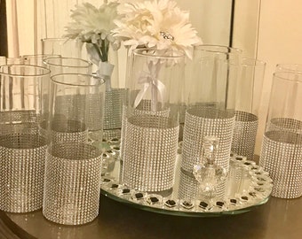 Centerpieces, wedding decor, 6 sparkling, bling and glam cylinder vases with a Wide rhinestone mesh wrap on vases, choose your bling color