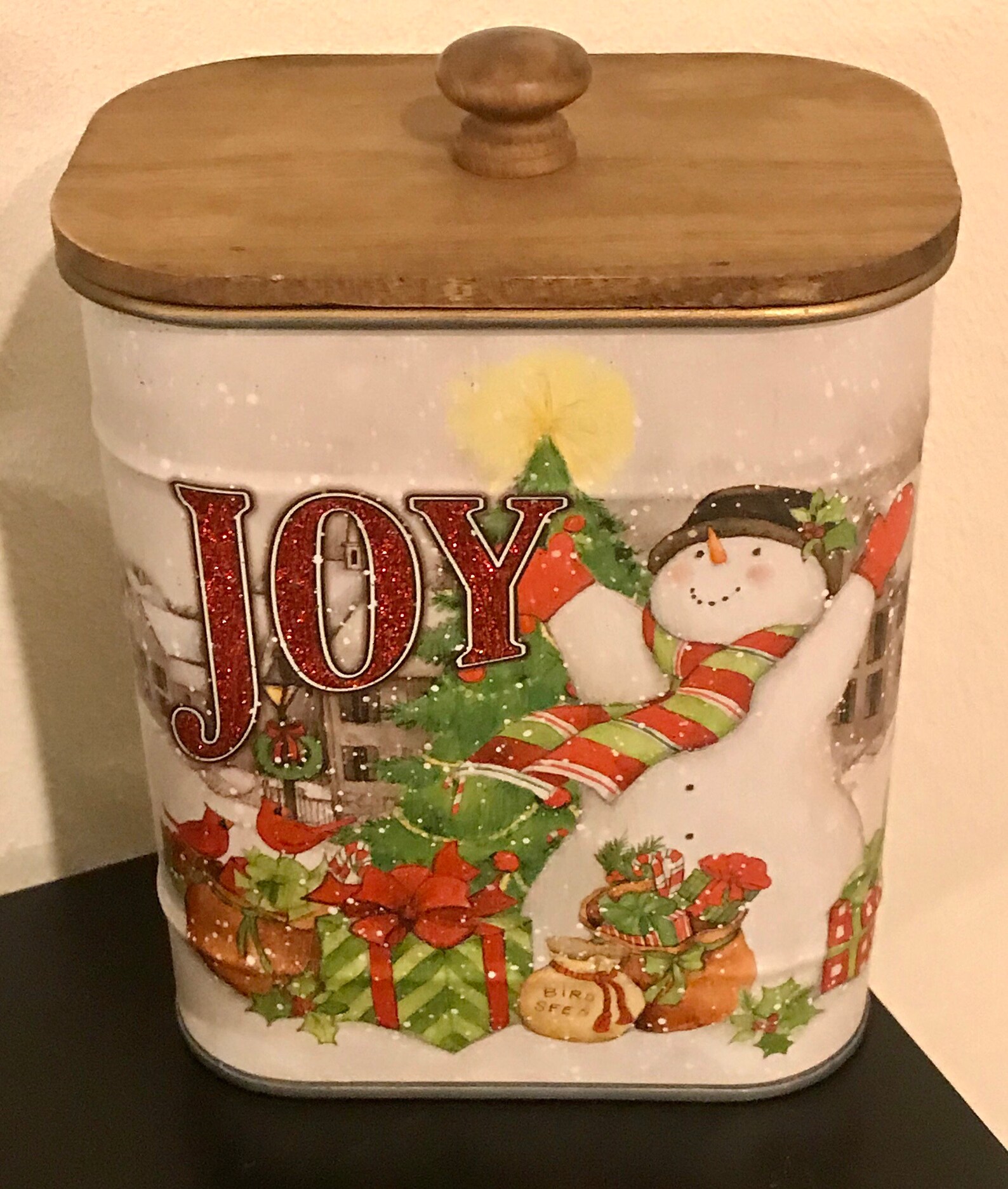 Christmas Metal Canister With Wood Lid Says JOY in Red Etsy