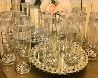 Centerpieces, vases 10 tall cylinder vases with silver beads, Each vase is decorated with silver rhinestone wrap, wedding Centerpieces