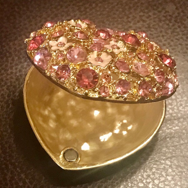 Jeweled trinket Box,  beautiful heart shaped with colored Crystals. Ring box, Jewelry Box, Porcelain inside, Lovely Keepsake Gift!