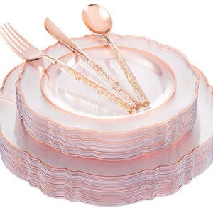 Disposable 150 piece elegant pattern dinnerware and flatware set, clear plates with Rose Gold edges, perfect for weddings, and showers!