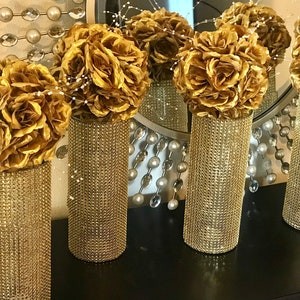 Centerpieces, fully wrapped in sparkling Rhinestone Wrap, FLOWERS SOLD SEPARATELY shower wedding decor choose bling color and vase height image 3