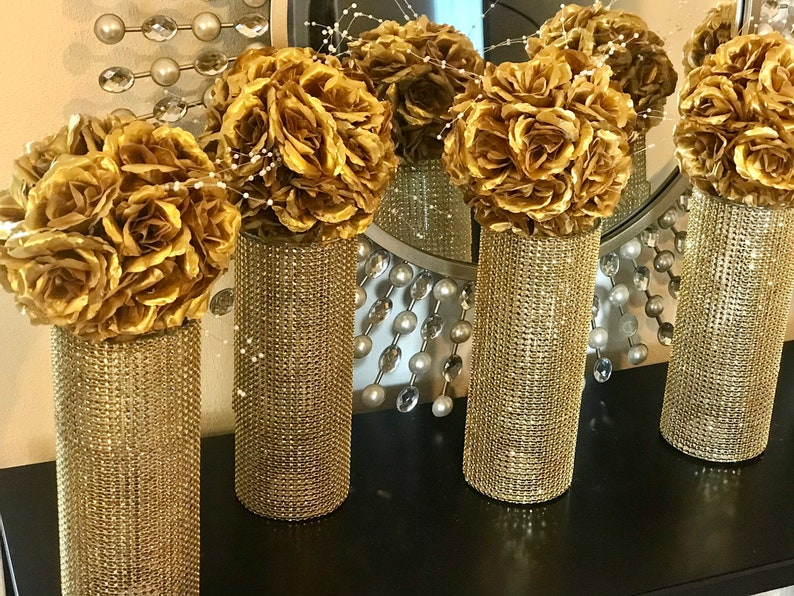 Centerpieces, fully wrapped in sparkling Rhinestone Wrap, FLOWERS SOLD SEPARATELY shower wedding decor choose bling color and vase height image 3