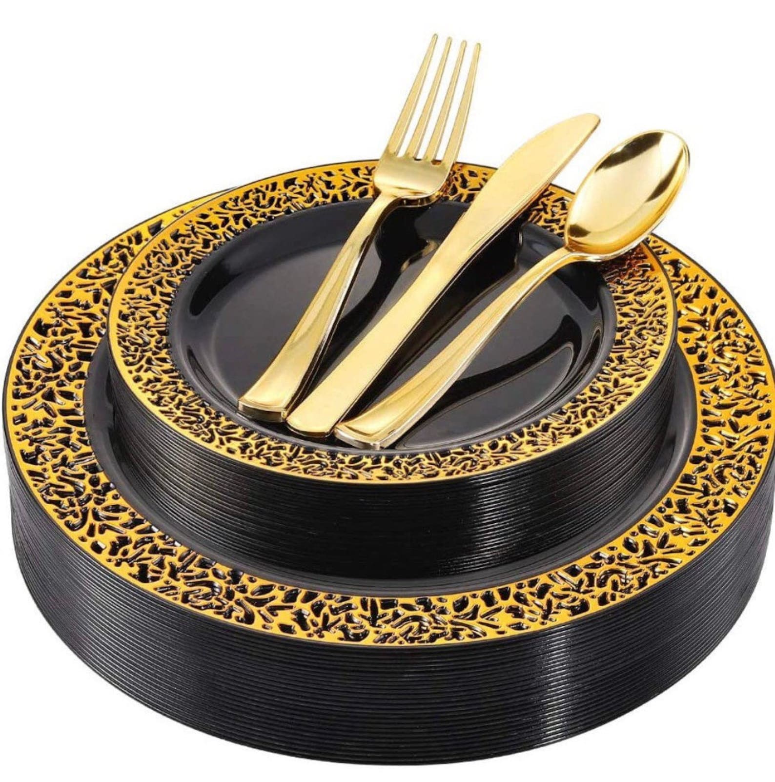 Disposable Plastic Black and Gold Dinnerware and Flatware Set Etsy