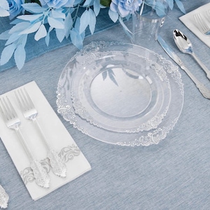 Disposable Plastic clear and silver 175 piece elegant pattern dinnerware and flatware set for weddings, showers, anniversary, dinner parties