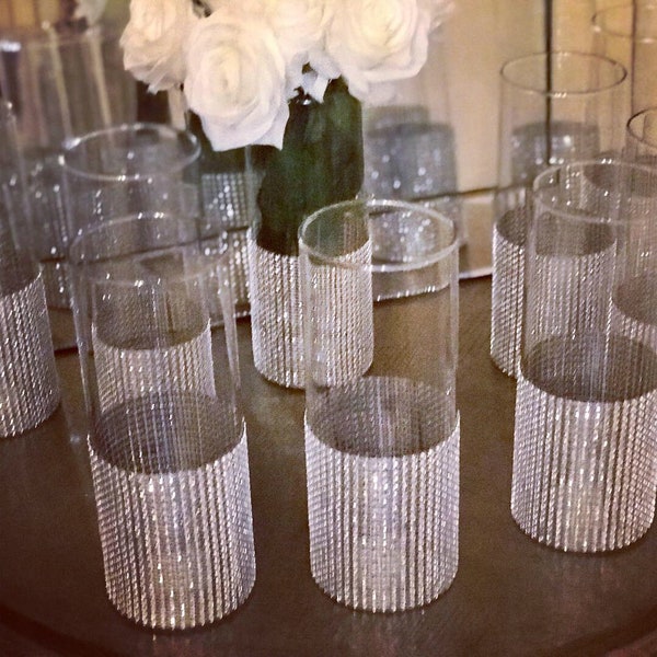 6 tall wedding Centerpieces, cylinder shaped vases with a Wide rhinestone look mesh ribbon vase. Wedding decor, shower decor, event decor