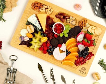 Extra Large Bamboo Cheese Board and Charcuterie Boards/Serving Tray with Built-in Compartments and Juice Groove makes a great gift!