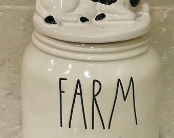 Rae Dunn canister Farmhouse style  kitchen canister with a cow on the tight sealed lid, useful storage! Great gift for Rae Dunn Fanatics!