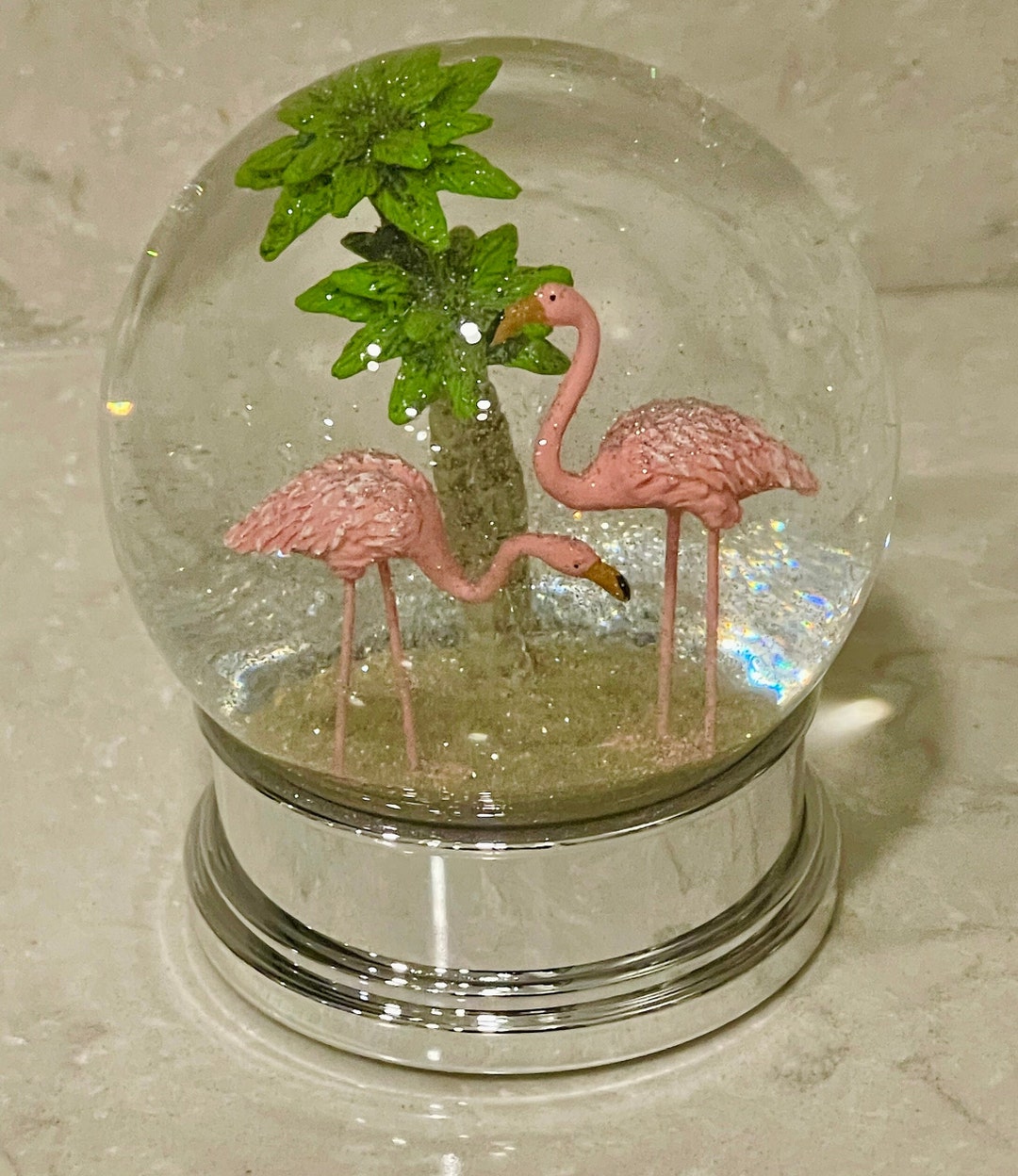 Pink Flamingos Snow Globe, 2 Pink Flamingos in a Glass Water Globe That