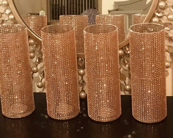 Centerpieces, vases fully wrapped in sparkling Rose Gold Rhinestone mesh Wrap, shower decor, wedding, choose bling color and vase height