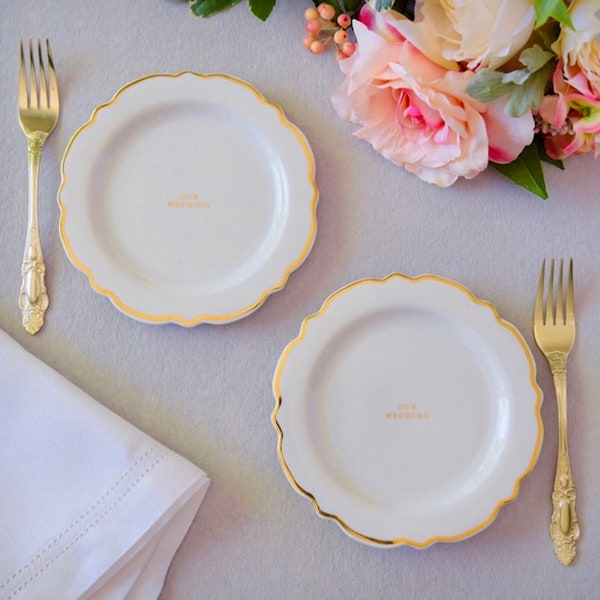 Wedding cake plates and forks for bride and groom, say OUR WEDDING, gold scalloped rims, gold forks in an elegant pattern, great gifts!