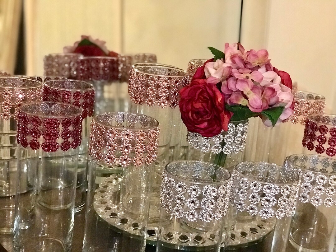 Wedding Centerpieces, Vases, 6 Vases With Sparkling Rose Gold Flower