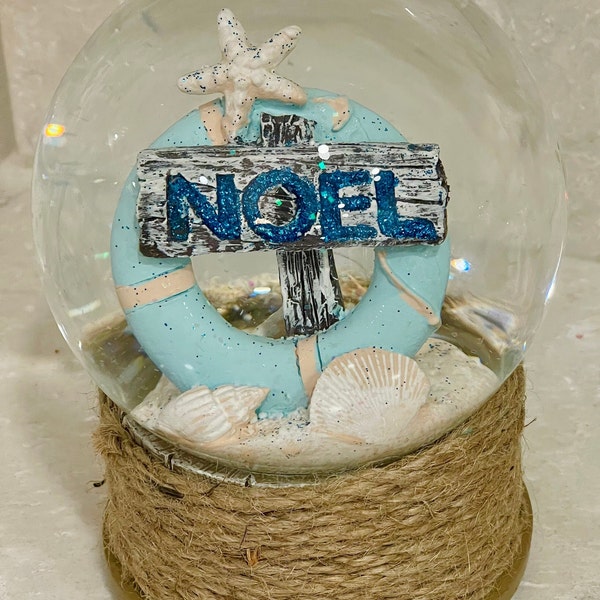 Musical Christmas snow globe, Nautical, Beach Glass Water Globe, says NOEL plays tune “Oh Christmas Tree” shake for snowfall, great gift!