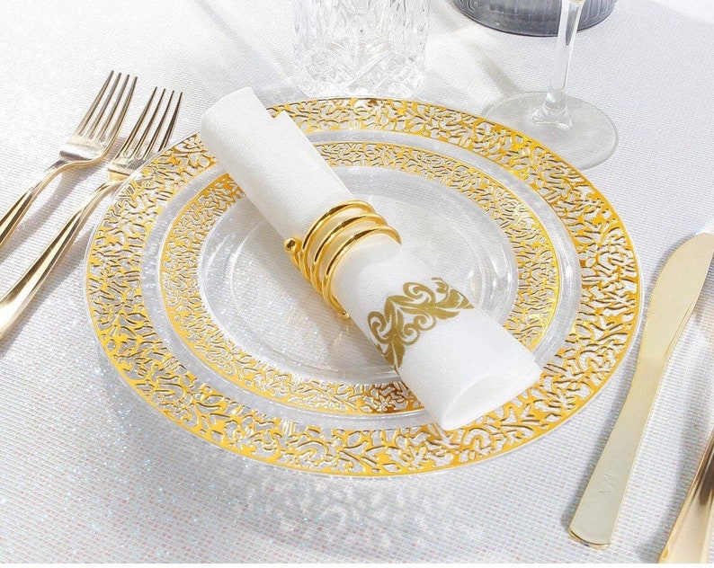 Disposable plastic dinnerware 150 piece set, clear plates, Gold Lace Rim with gold utensils and cups!