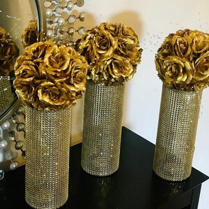 Centerpieces, fully wrapped in sparkling Rhinestone Wrap, FLOWERS SOLD SEPARATELY shower wedding decor choose bling color and vase height image 1