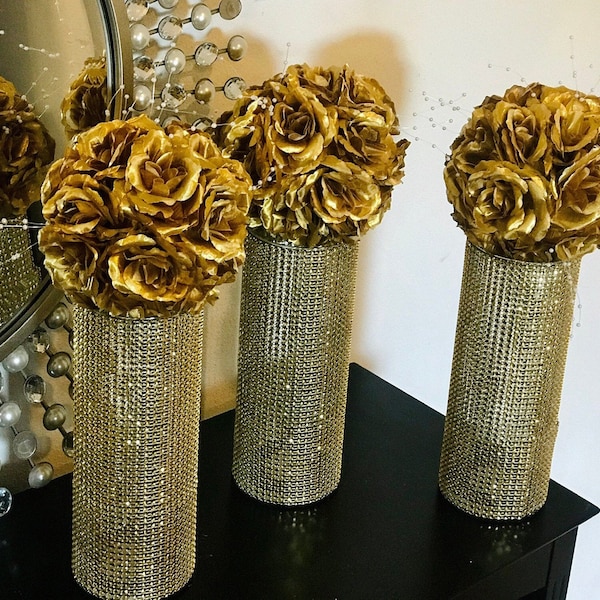 Centerpieces, fully wrapped in sparkling Rhinestone Wrap, FLOWERS SOLD SEPARATELY shower wedding decor choose bling color and vase height
