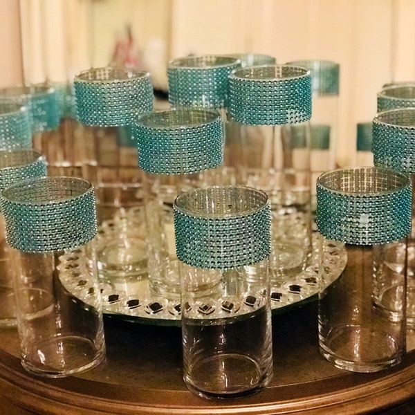 Centerpieces, Tall cylinder vases with turquoise or choose your color of rhinestone mesh wrap Weddings, showers, anniversary decor