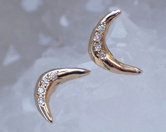 Crescent Moon + Diamond Accent Studs, Hand Carved, 14k gold