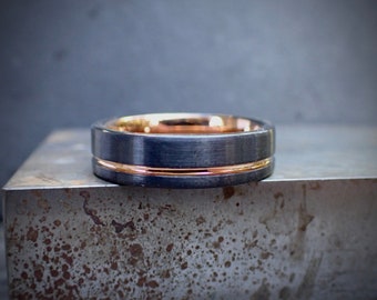 6mm Matte Black Men's Tungsten Band, with 18k Rose Gold Accent