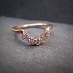 Diamond Arc ring, Curved Wedding Band, Nesting Ring,  5 Bezel Set Diamond Chevron, 14k gold