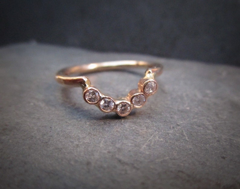 Diamond Arc ring, Curved Wedding Band, Nesting Ring,  5 Bezel Set Diamond Chevron, 14k gold
