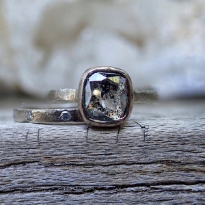 Custom: Cushion and Oval, Rose Cut Salt and Pepper Diamond Ring